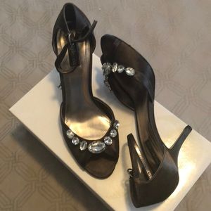 Dark grey fabric dress heel with stone accents